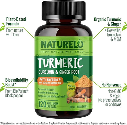 NATURELO Turmeric Curcumin - BioPerine for Better Absorption - Black Pepper, Ginger Root, Curcuminoids - Plant-Based Joint Discomfort Support - 120 Vegan Capsules (Pack of 2)