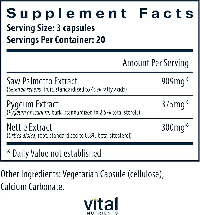 Vital Nutrients Saw Palmetto with Pygeum & Nettle Root - Vegan Saw Palmetto for Men Supports Healthy Prostate Function* - Gluten, Dairy, Soy Free - 60 Capsules
