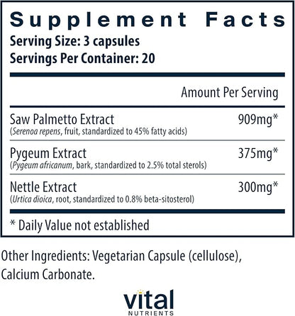 Vital Nutrients Saw Palmetto with Pygeum & Nettle Root - Vegan Saw Palmetto for Men Supports Healthy Prostate Function* - Gluten, Dairy, Soy Free - 60 Capsules