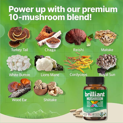 Mushroom X Supplement – 10 Mushroom Complex for Brain, Energy, Immune & Antioxidant Support – Lion’s Mane, Chaga, Reishi & More – Vegan, Non-GMO, Gluten-Free, Made in The USA – 60 Capsules