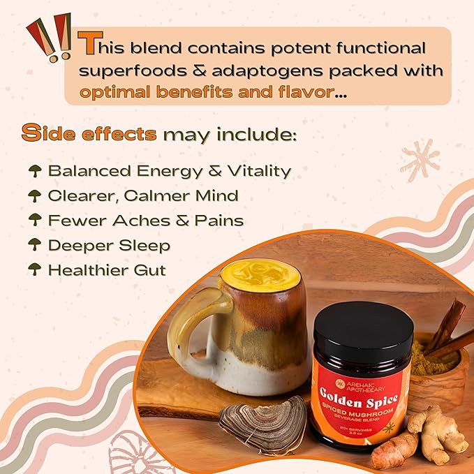 Golden Spice - Mushroom Golden Milk, Heirloom Turmeric Latte Spice Blend | Ashwagandha & Turkey Tail Adaptogens | Caffeine-Free Rooibos Matcha | No Milk or Sweetener Fillers