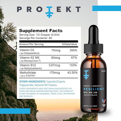Resilient Vitamin D3 K2 B12 Drops - Liquid B12 K2 D3 Vitamin Supplement with Methylfolate, Liquid Drops for Energy & Recovery, Methy Folate for Sleep & Mood - Natural Berry 30mL