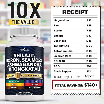 Shilajit Supplement with Sea Moss, Ashwagandha, Tongkat Ali, Boron, Magnesium - Fulvic Acid Capsules for Men - 90 Count (Pack of 2)