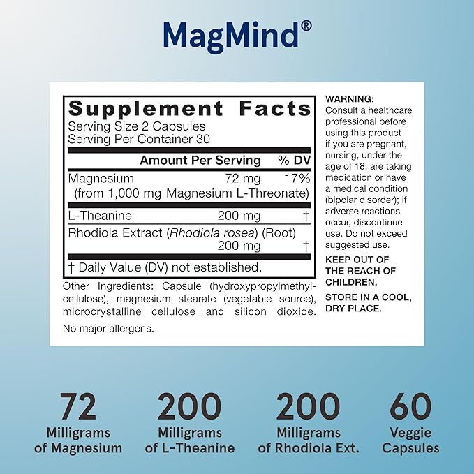 Jarrow Formulas MagMind Stress Resistance with Magtein 1g, L-Theanine and Rhodiolife, Dietary Supplement for Occasional Fatigue and Stress, 60 Veggie Capsules, 30 Day Supply