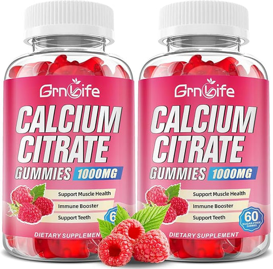 2 Pack Calcium Citrate Gummies, Sugar Free Calcium Citrate 1000mg for Muscle Healthy, Absorption Calcium Supplements for Adults & Kids, Raspberry, 120 Count