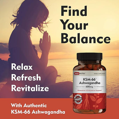 KSM-66 Ashwagandha 600mg Organic Root Extract - High Potency Supplement with 5% Withanolides | Relieves Tiredness, Supports Relaxation, Focus, Energy, & Muscle Growth (90 Capsules)