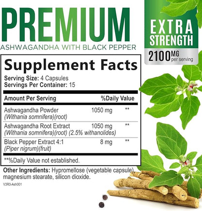 Ashwagandha Extra Strength 2100mg - Ashwagandha Supplements for Women & Men, Antioxidant Support, Nature's Vegan Ashwagandha Powder, Ashwagandha Supplement, Non-GMO & Gluten Free - 60 Capsules