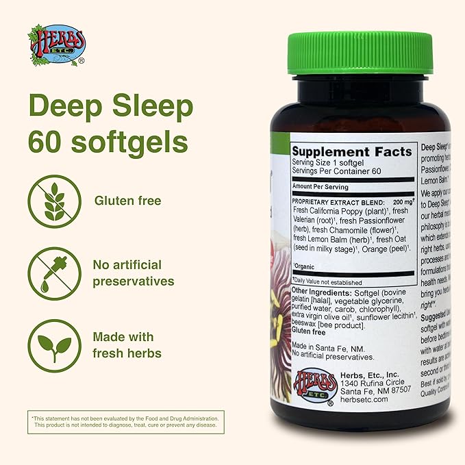 Herbs Etc. Deep Sleep Softgels - Herbal Sleep Support Supplement - Rest & Calming Support with Passionflower, Chamomile & Lemon Balm - 60 Softgels (60 Servings)