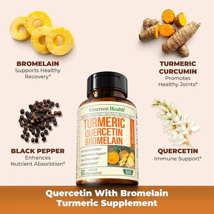 Quercetin with Bromelain Turmeric Supplement - Quercetin 500mg Capsules + Curcumin with Black Pepper. Joint Supplements for Women & Men. Bromelain Turmeric Curcumin Supplement. 120 Tumeric Caps 2-Pack