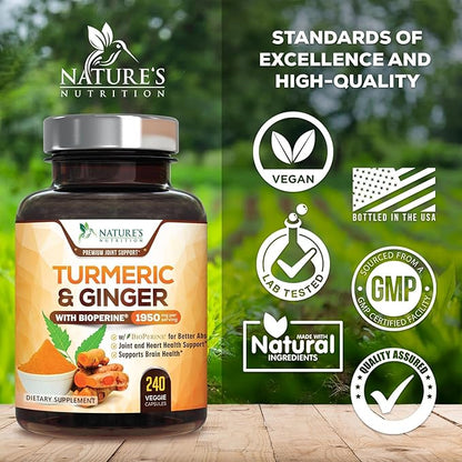 Turmeric Curcumin Supplement 1950mg with Organic Turmeric & Ginger, 95% Curcuminoids, BioPerine Black Pepper for Best Absorption, Nature's Vegan Joint Support, Non-GMO, Bottled in USA - 240 Capsules