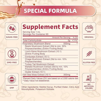 Lions Mane Supplement Mushroom Drops with 6-Mushroom Complex & Irish Sea Moss – Vegan Lion's Mane Liquid for Cognitive Support, Immune & Digestive Health – Dual Extraction, Non-GMO, Strawberry Flavor