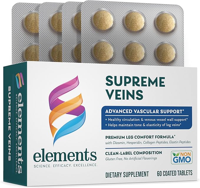 Elements Supreme Veins, 60 Tablets (30 Day Supply), Advanced Vascular Support Supplement, Supports Healthy Circulation and Elasticity in Leg Veins, Gluten Free
