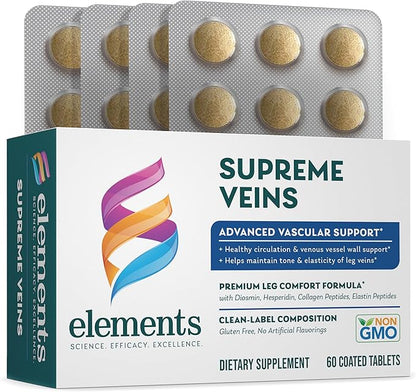 Elements Supreme Veins, 60 Tablets (30 Day Supply), Advanced Vascular Support Supplement, Supports Healthy Circulation and Elasticity in Leg Veins, Gluten Free