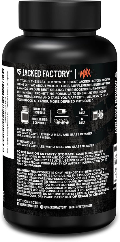 Jacked Factory Burn-XT Max - High-Performance Thermogenic Fat Burner & Appetite Suppressant for Weight Loss w/PurCaf Organic Caffeine, MitoBurn, Green Tea, Acetyl L Carnitine & More - 90 Capsules