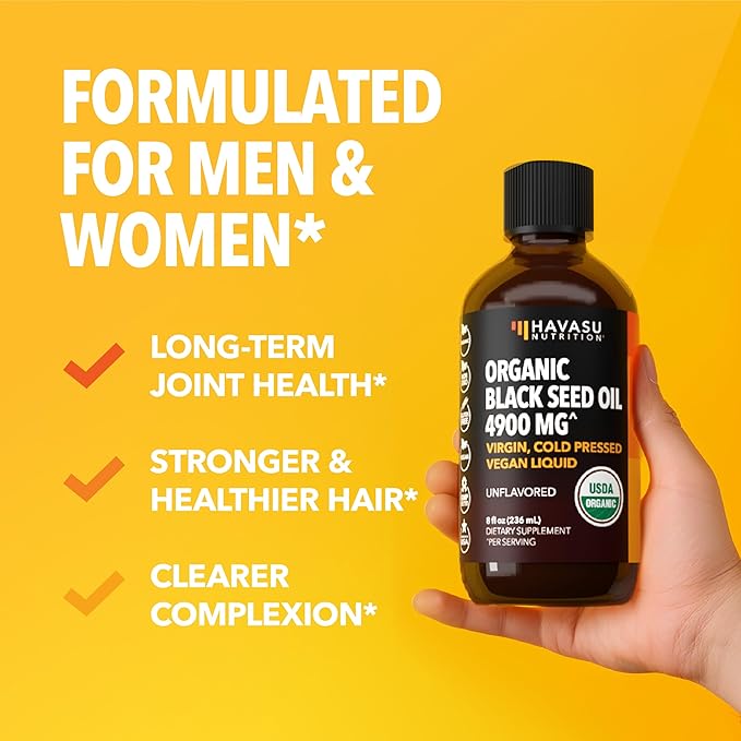 Organic Black Seed Oil Cold Pressed Liquid - 4900mg Black Cumin Supplement for Immune System Function, Digestive Support, Hair Nourishment & Overall Health - 8 Fl Oz - Unflavored, Non-GMO, Vegan