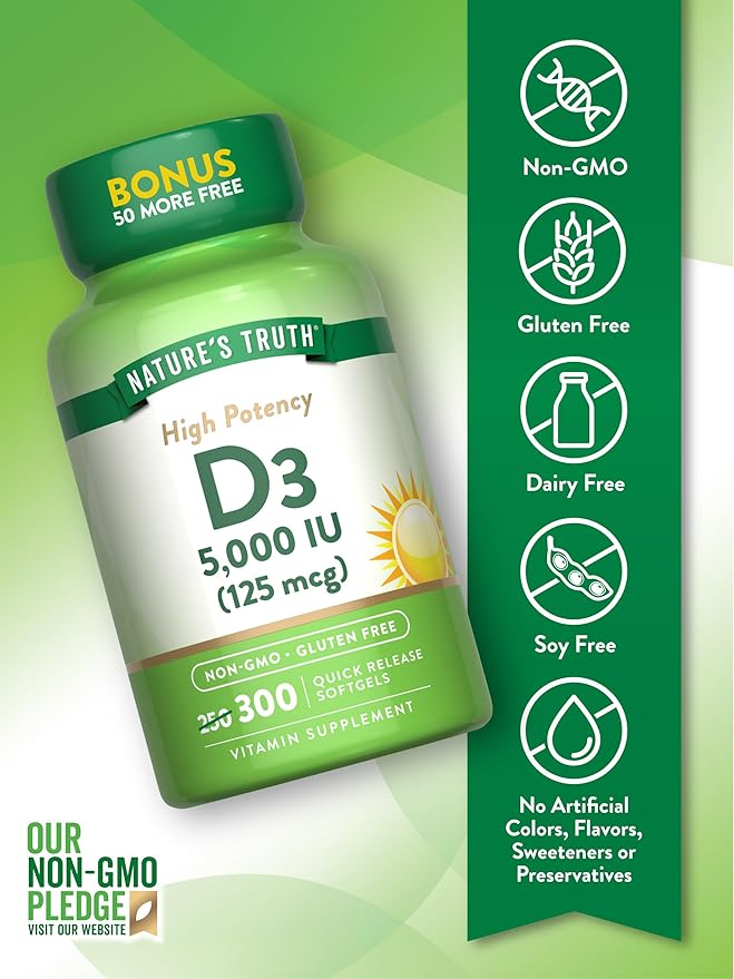 Nature's Truth Vitamin D3 5000 IU (125 mcg) | 300 Softgels | High Potency Vitamin D | Non-GMO and Gluten Free Supplement