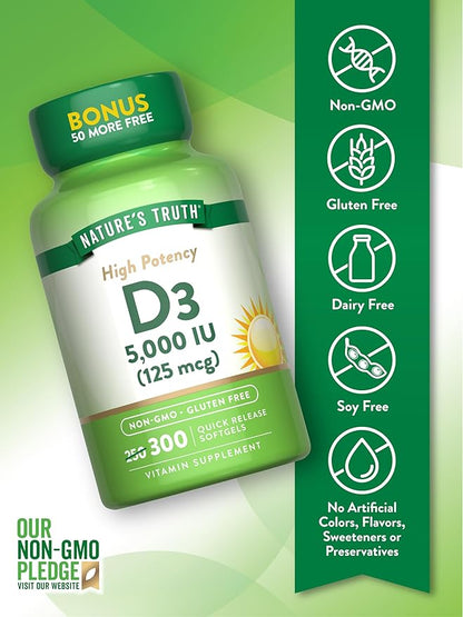 Nature's Truth Vitamin D3 5000 IU (125 mcg) | 300 Softgels | High Potency Vitamin D | Non-GMO and Gluten Free Supplement