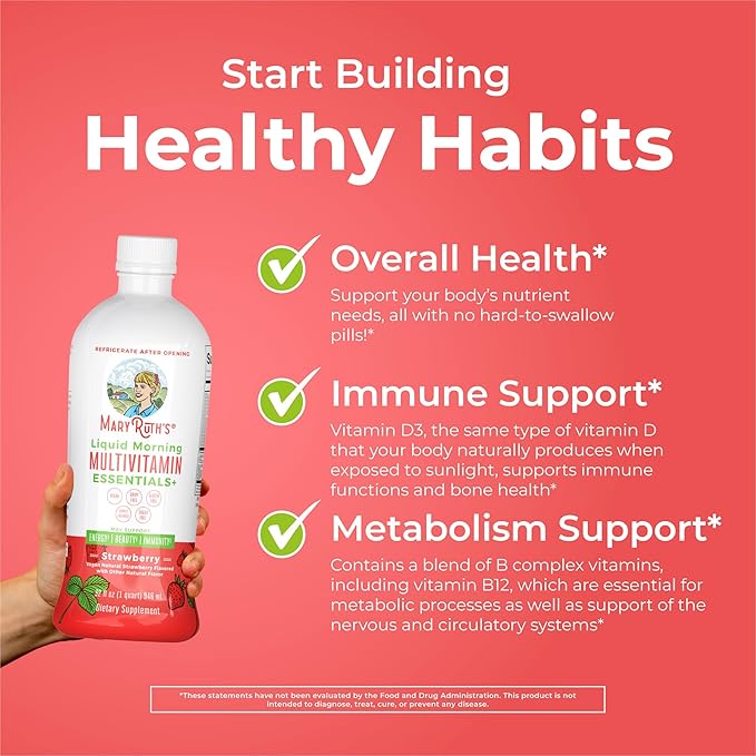 MaryRuth's Liquid Morning Multivitamin Essentials+ | Vitamin A C D E B6 B12 Biotin Zinc | Mens Womens Multivitamin | Immune Support | Beauty | Sugar Free | Vitamins for Ages 1+ | Vegan | 32 Fl Oz