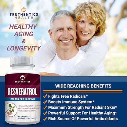 TRUTHENTICS Resveratrol Supplement 1200mg - Japanese Knotweed Capsules - High Potency Trans Resveratrol Nutritional Supplements for Healthy Aging, Vibrant Skin & Immune Health - 60 Vegan Capsules