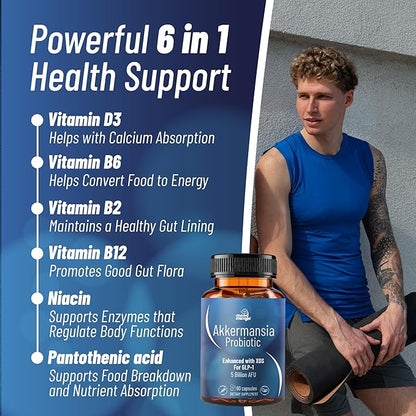 Akkermansia Muciniphila GLP-1 Probiotic Supplements - with XOS 5B AFU Vitamin B2 B6 B12 D3 Niacin Pantothenic Acid Increases GLP1 Production - Vegan Gluten-Free Capsules for Men Women (1 Pack)