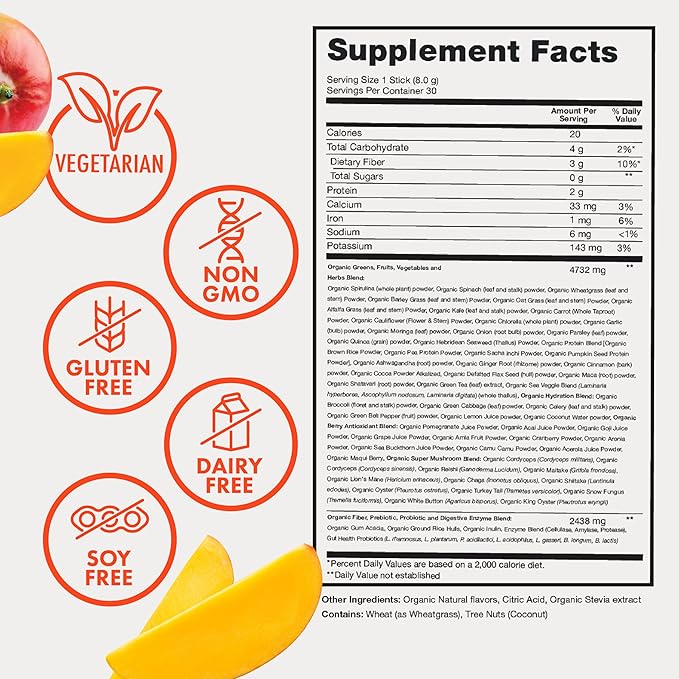 Organic Super Greens Powder, 70+ Superfoods, 0 Sugar, 3G Fiber, Spirulina, Chlorella, Antioxidants, Prebiotics/Probiotics, Digestive Enzymes, Mango, 30 Drink Mix Packets