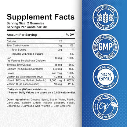 Iron Gummies - with Calcium, Zinc, Folate & Vitamin B12, C,B6 for Adults & Kids - Blood Builder & Energy Support for Iron Deficiency, Anemia, Vegan - Blueberry Flavor, 60 Gummies