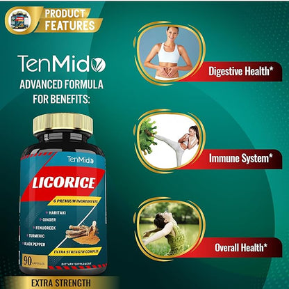 Licorice Extract Capsules with Turmeric, Ginger, Fenugreek, Haritaki, Black Pepper - Support Digestion Function - 90 Caps, 3 Months Supply