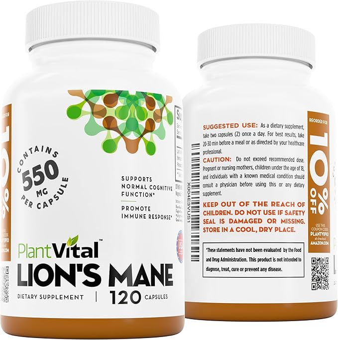 Plantvital Lions Mane Supplement - Organic Lion's Mane Mushroom Capsules 11,000mg (10:1 Extract) with 40% Polysaccharides - Immune System and Normal Brain Support Nootropic -2 Month Supply- 120 Count