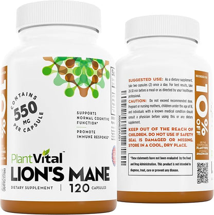 Plantvital Lions Mane Supplement - Organic Lion's Mane Mushroom Capsules 11,000mg (10:1 Extract) with 40% Polysaccharides - Immune System and Normal Brain Support Nootropic -2 Month Supply- 120 Count