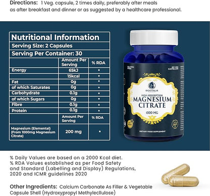 Biovitalia Magnesium Citrate Supplement for Sleep Heart Health Cognitive Health Bone Health Energy Muscles & Metabolism with Premium Magnesium - 60 Vegan 1000mg Capsules