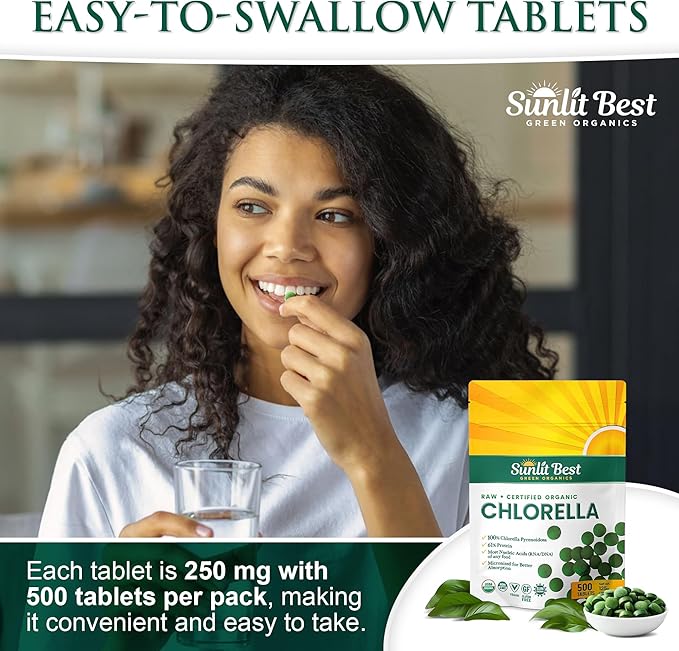 Sunlit Best USDA Organic Premium Chlorella Tablets 500 Tabs | 100% Pure Chlorella Superfood Supplement High in Protein, Chlorophyll, Vitamins, & Minerals | Supports Good Health, Wellbeing & Recovery