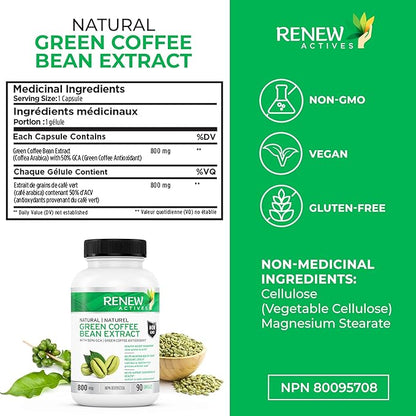 Renew Actives High Potency Green Coffee Bean Extract - 800mg per Serving Green Coffee Bean Extract with 50% Chlorogenic Acid for Antioxidant Benefits - Made in Canada - 90 Vegan Capsules