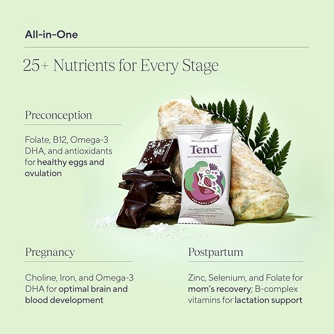 Tend Daily Best Prenatal Vitamin Bar, Chocolate Sea Salt Flavor (4ct). Prenatals with Organic Ingredients for Pregnant & Postpartum Mothers, Includes DHA, Vitamin D, B, Choline, Folate, Sunflower Lecithin