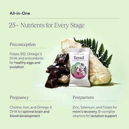 Tend Daily Best Prenatal Vitamin Bar, Chocolate Sea Salt Flavor (4ct). Prenatals with Organic Ingredients for Pregnant & Postpartum Mothers, Includes DHA, Vitamin D, B, Choline, Folate, Sunflower Lecithin