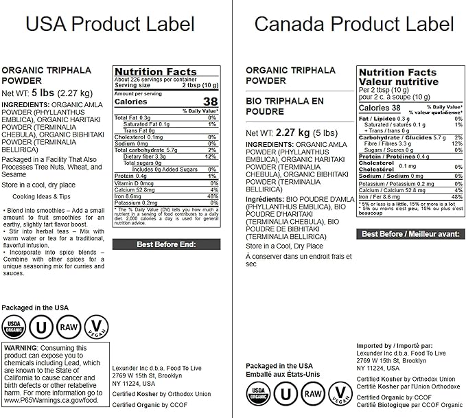 Food to Live Organic Triphala Powder, 5 Pounds – Natural Detox, Blend from Fruits Amalaki, Haritaki and Bibhitaki, Non-GMO, Perfect for Tea and Smoothies, Vegan, Kosher, Bulk