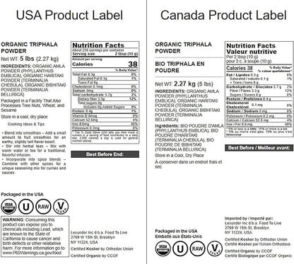 Food to Live Organic Triphala Powder, 5 Pounds – Natural Detox, Blend from Fruits Amalaki, Haritaki and Bibhitaki, Non-GMO, Perfect for Tea and Smoothies, Vegan, Kosher, Bulk