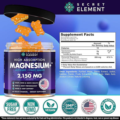 Magnesium Glycinate 2150MG Gummies for Women and Men, High Absorption Magnesium Glycinate, Citrate, Malate Gummies for Adults & Kids, Magnesium for Sleep Support, Sugar Free, Vegan, 60 Chews, Orange