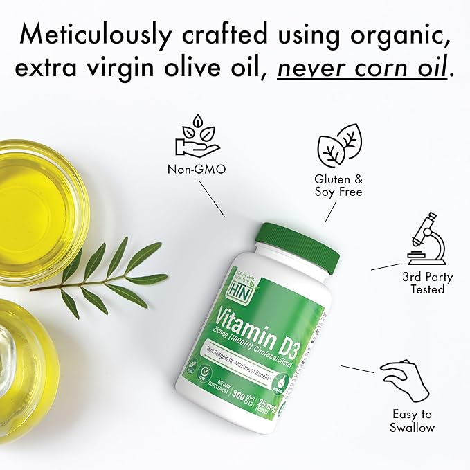 Health Thru Nutrition Vitamin D3 5,000iu 360 Mini Softgels for Maximum Benefit Year Supply | 125mcg Cholecalciferol | 3rd Party Tested | Non-GMO USP Grade in Organic EVOO | Immune Health Support