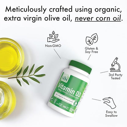 Health Thru Nutrition Vitamin D3 5,000iu 100 Mini Softgels for Maximum Benefit | 125mcg Cholecalciferol | 3rd Party Tested | Non-GMO USP Grade in Organic EVOO | Immune Health Support