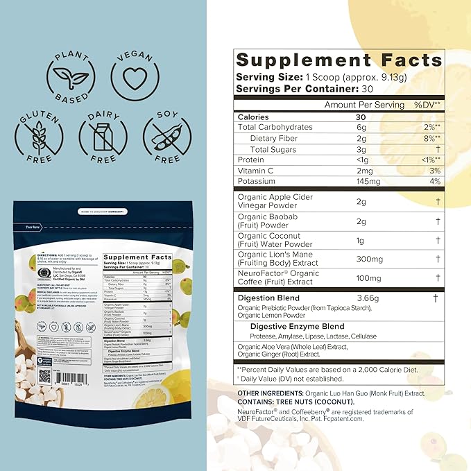 Organifi Pure - Promotes Stimulation in Learning, Memory, Focus, and Clarity - Brain Support with Superfoods - Gluten-Free and Non GMO - Best Served Cold, 30 Servings