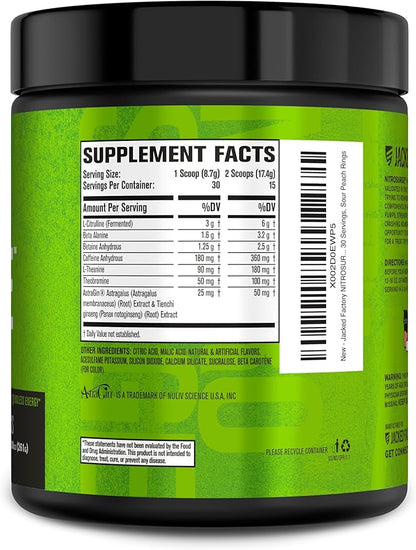 Jacked Factory NITROSURGE Pre Workout Supplement - Endless Energy, Instant Strength Gains, Clear Focus, Intense Pump - NO Booster & Preworkout Powder with Beta Alanine - 30 Servings, Sour Peach Rings