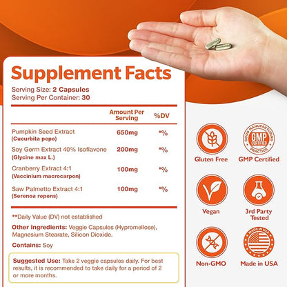 Bladder Control Supplement for Women & Men with Pumpkin Seed Extract, Soy Germ Extract, Saw Palmetto & Cranberry 4-in-1 Active Bladder Support for Urinary Frequency, Leaks & Urgency - 60 Capsules