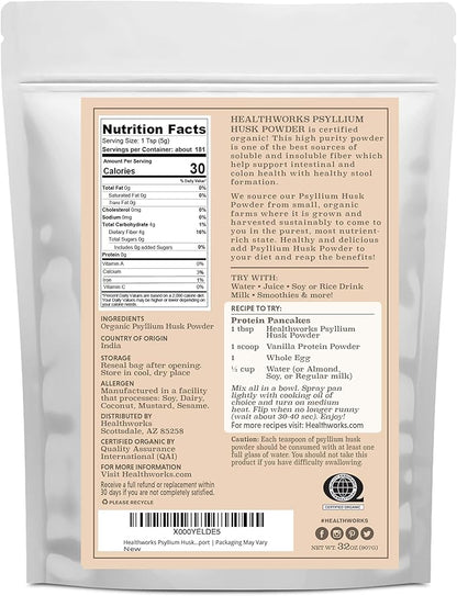 Healthworks Psyllium Husk Powder Organic - 32 Oz / 2 Lbs - Raw - Certified Organic - Finely Ground Powder from India - Keto, Vegan & Non-GMO - Fiber Support