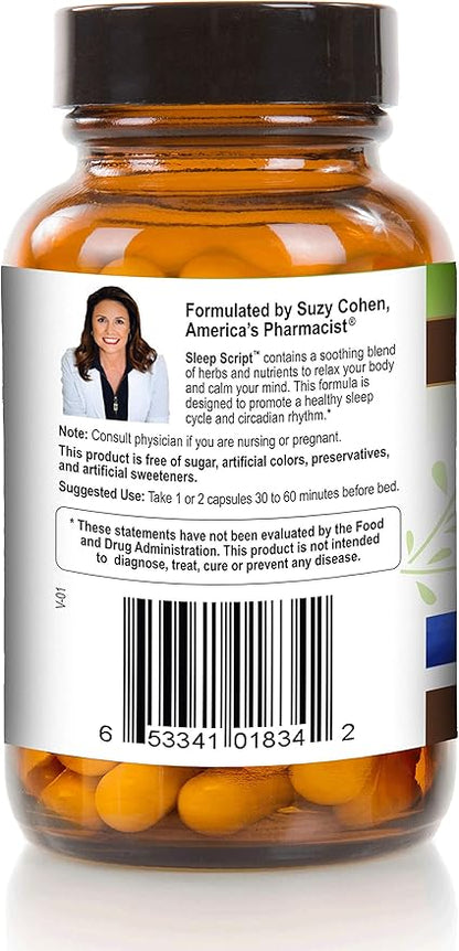 Suzy Cohen Sleep Script with Melatonin - Botanical Sleep and Relaxation Formula for Adults for Mood, Stress and Sleep, Contains 5-HTP, L-theanine, Passionflower, Lemon Balm and GABA 60 Capsules.