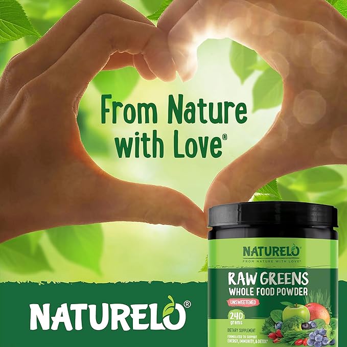 NATURELO Raw Greens Superfood Powder - Unsweetened - Boost Energy, Detox, Enhance Health - Organic Spirulina - Wheat Grass - Whole Food Nutrition from Fruits & Vegetables - 240 Grams