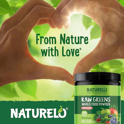 NATURELO Raw Greens Superfood Powder - Unsweetened - Boost Energy, Detox, Enhance Health - Organic Spirulina - Wheat Grass - Whole Food Nutrition from Fruits & Vegetables - 240 Grams