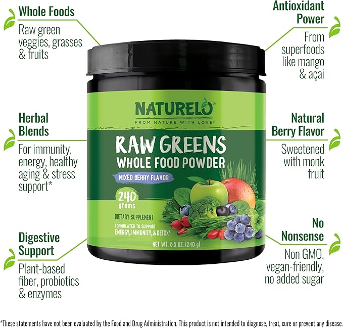 NATURELO Raw Greens Superfood Powder - Mixed Berry - Boost Energy, Detox, Enhance Health - Organic Spirulina - Wheat Grass - Whole Food Nutrition from Fruits & Vegetables - 240 Grams