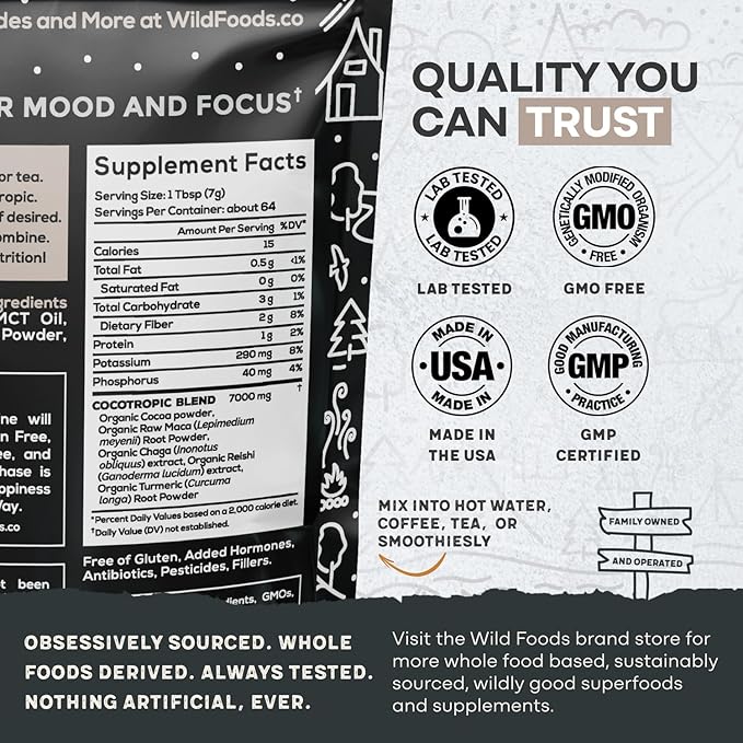 Wild Cocotropic Organic Mushroom Cocoa Mix - Healthy Vegan Hot Chocolate Mix - Organic Cacao Powder, Reishi, Chaga, Maca, Turmeric - 3rd Party Tested - Sugar Free - Keto & Paleo - (2 packs of 16oz)