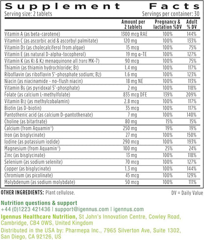 Igennus Methylated Prenatal Multivitamin for Women, Folate for MTHFR, High Absorption, Clean Label, Gentle Iron, Choline, Calcium & Magnesium, Vegan Pregnancy Vitamins, Halal, Non-GMO, 60 Tablets x6