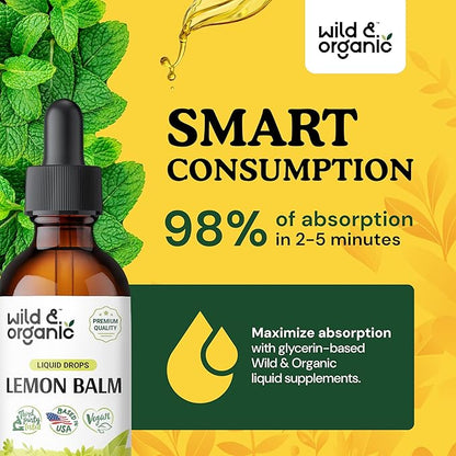 Wild & Organic Lemon Balm Drops - Relaxing Lemon Balm Leaf Extract Supplement - Calming Melissa Officinalis Tincture - Vegan, Sugar & Alcohol-Free - 2 fl oz